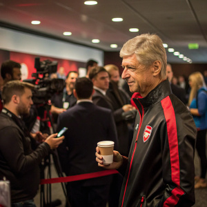 Arsene Wenger in a bustling news conference. Wearing a sleek black and red jacket, holding a cup of coffee. Other journalists and team members in the background.