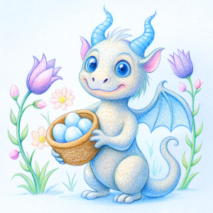 illustration of a cute dragon  holding an eggs in spring day