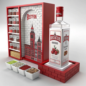 3D artwork featuring Beefeater London products. Modern, sleek packaging in bold red with white brick-style design. Array of smaller containers with various ingredients, prominently displayed alongside a large bottle of Beefeater vodka.