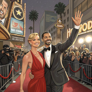 Jaime Pressly and Eric Cubiche, in stylish evening wear, attending a bustling movie premiere on Hollywood Boulevard.