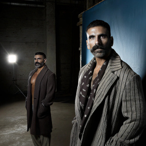 Akshay Kumar, Indian actor, in two images. First, a detailed close-up with stubble and beard, against solid blue backdrop. Second, a stylized caricature with mustache and strong jawline.