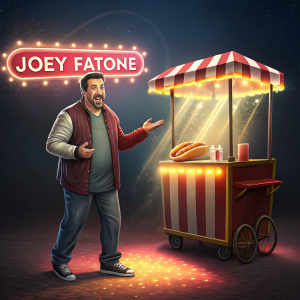 Joey Fatone, in a casual outfit, promoting his hot dog stand. Brightly lit studio setup with neon sign in background.