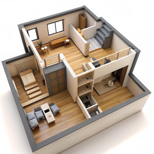 3D Render of a loft apartment floor plan with a mezzanine level bedroom overlooking the living space below, on isolated white background.