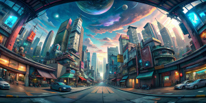 sci-fi city street cyberpunk, 360 panorama, stylized, anime, digital paint, artstation