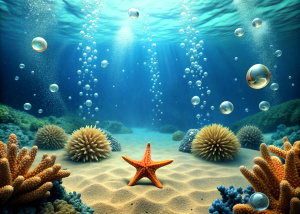 The bottom of the sea In the background is the bottom of the sea with sea stars, corals in front of air bubbles