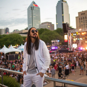 Steve Aoki, in a casual outfit including a white jacket and sunglasses, stands out at the bustling SXSW festival.