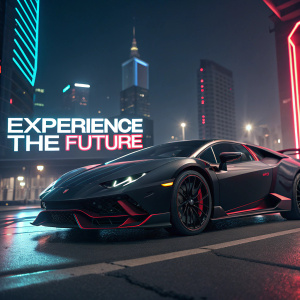 Lamborghini Huracan EVO, sleek and aggressive design. Obsidian black with red accents. Against a neon-lit cityscape at night. Text reads 'Experience the Future'. 3D Render for promotional use.