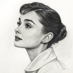 Sketch of Audrey Hepburn, done in soft charcoal on textured paper. Her facial features are captured in fine detail, set against a plain white background.
