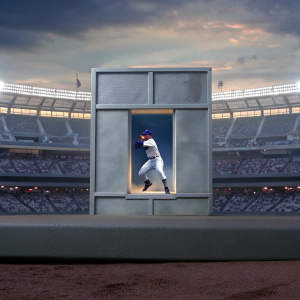 Eric Gagne, baseball player, action figure in vibrant, eye-catching box art featuring stadium scene.
