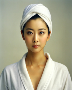 1girl, wearing a white full bathrobe to the navel, Clara Lee Sung-min's perfect body proportions, 20-year-old Korean actress, head towel, top quality, masterpiece, (fidelity: 1.2), 1, brown hair, brown eyes, front , delicate face, beautiful eyes with white eyes, collarbone, looking at the audience, rough waves, beautiful and perfect body, (simple white background: 1.2), (panorama: 1.3), in a white room, beautiful and mature, wide-angle lens , grinning, deep groove, deep shadow, John Rankin Wadde