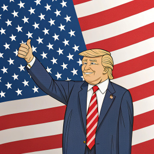 Caricature of Donald Trump giving a thumbs up. The American flag background. Flag colors are red, white, and blue.