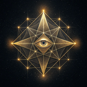 A geometric Star illustrating the idea of the 4 elements of alchemy with a small eye of horus in the middle of the star. add the concept of metaphysics