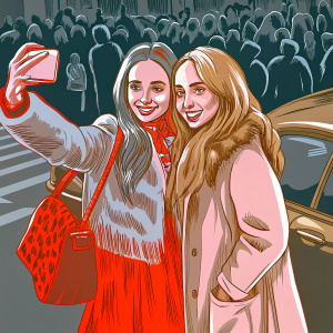 Sofia Carson and Sabrina Carpenter posing together on a bustling street. Crowds gather around them, excitement palpable.