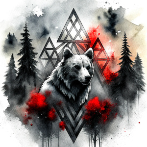 valknut runes pattern geometric symbols - bear and trees - tattoo design - perfect realistic art - high-definition - grey and black - white background 