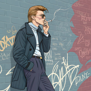 A digital illustration of David Bowie, in a casual yet stylish pose, smoking a cigarette. The backdrop is a graffiti-covered brick wall, filled with abstract sketches and text.