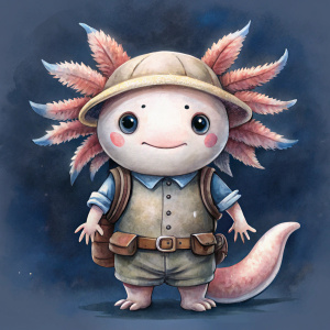 dibujo de ajolote con piernas y brazos tierno para cuento de  niños con estilo de acuarela con ropa de explorador cara triste