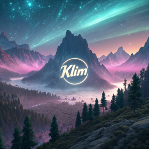 In a surreal digital realm, the Klim logo gleams prominently amidst an otherworldly landscape of shimmering peaks and valleys.