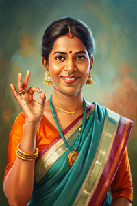 индуска стоит в национальном костюме, ее пальцы сложены в жесте "ok"
