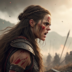 Female warrior, long brown hair disheveled, fierce expression, bruised and blood-stained skin. Battleground background, fierce fight scene.