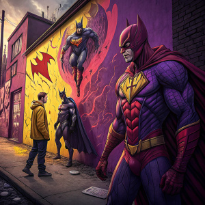 A surreal graffiti mural with comic book characters in exaggerated poses. The mural is painted in vibrant hues of purple, red, and yellow. The textured wall adds depth to the artwork.