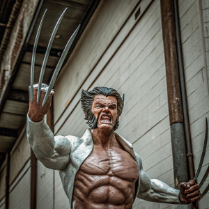 A lifelike statue of Wolverine. Fierce, aggressive pose with sharp claws. Set against a dark, urban backdrop