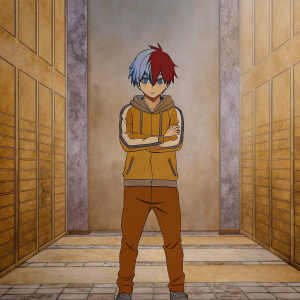 Shoto Todoroki, age 15, standing confidently. Red and blue hair. Wearing a Hero's symbol on his hoodie. From 'My Hero Academia' series.