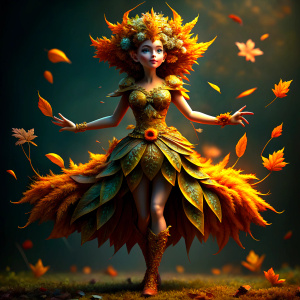 full body statue of dancing autumn garden fairy, 3D