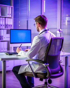 back view of a physician working on a desktop using LLM Chat to generate medical records