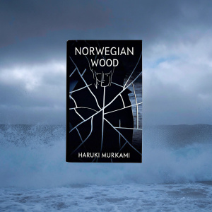 Book cover for 'Norwegian Wood' by Haruki Murakami. Dark and moody design. Black and white with a silhouette of a fragmented figure. Textured and abstract