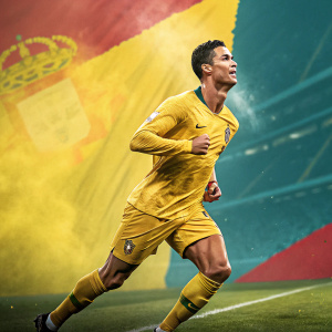 Digital artwork of Cristiano Ronaldo, mid-run pose. Wearing yellow jersey, energetic background of soccer field, vibrant colors. Created for sports brand promotional material.