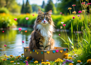 A tricolor Maine Coon cat sitting on a large flower meadow in a box printed with colorful hearts. A small river in the foreground.