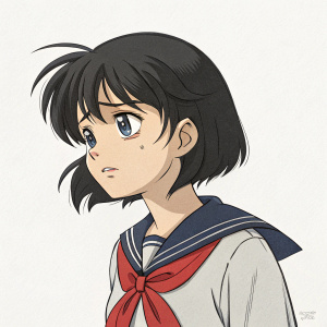 Sketch of Ai Haibara from Detective Conan. Sad expression. Short black hair. Wearing her iconic outfit. Blank background.