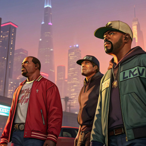 Video game cover featuring CJ, Sweet, and Big Smoke from Grand Theft Auto: San Andreas. Cityscape backdrop.