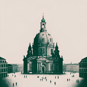 The Frauenkirche in Dresden, Germany, an impressive cathedral with a prominent dome and detailed design elements. Surrounded by a bustling square filled with tourists and locals.