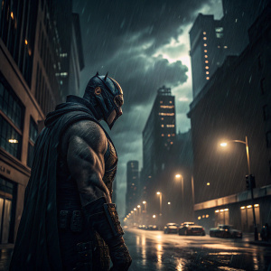 Bane, the imposing DC Comics villain, standing on a Gotham City street. Rainy night scene with dark clouds and flickering streetlights.