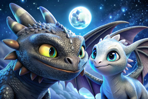  realistic photorealism, toothless and the white fury from the cartoon How to Train Your Dragon, flying together against the background of the night sky, bright shining stars, big moon, photorealistic bioluminescence.