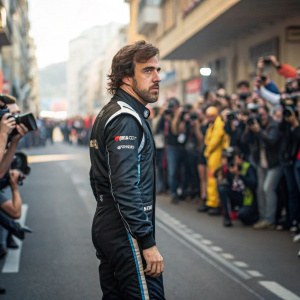 Fernando Alonso, intense stare, in sleek racing suit. Crowded street with cheering fans and photographers in background.