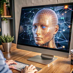 una computadora que tenga en la pantalla una imagen alusiva a la inteligencia artificial 