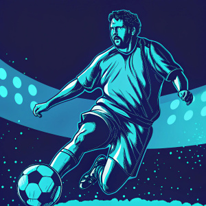 Poster of Lionel Messi mid-kick, dynamic pose. Dark background with soccer ball and stadium lights