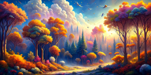 Disney-style landscape. A clearing in the middle of a dense autumn forest - dark red, gold, crimson. Clear, cloudless azure sky. Bright-yellow birches. Dark green spruce. Maples. Oak trees. Pines. Shrubs. Kick it. The dark brown ground is half covered with yellow and red leaves. A flock of starlings is flying in the sky. Yellow sunlight covers everything.