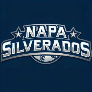 Logo design for Napa Silverados Baseball Club: Bold, modern font with silver and blue colors. Professional sports team branding aesthetic. Easily recognizable and memorable design.