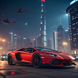 Render of a shiny red Lamborghini Aventador, with black accents and wheels, parked in a futuristic cityscape at night.