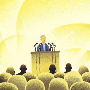 Trey Gowdy, with distinguished grey hair, addresses a packed auditorium. Microphones and faces surround him.