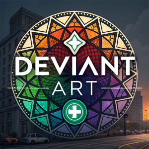 The Deviant Art logo redesign. Vibrant colors and intricate geometric patterns create an eye-catching mosaic. Modern sans-serif font with green '+' symbol on a sleek dark background.