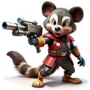 Mickey Mouse CON PELAJE COMO MAPACHE DE GUARDIANES DE LA GALAXIA, DISPARANDO SU ARMA a cuerpo completo, estilo super realista en 4k