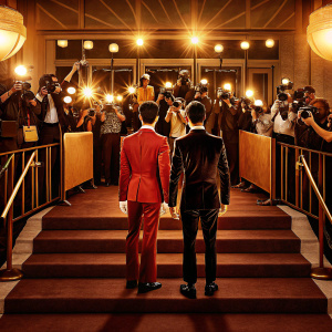Calvin Chen and Vanness Wu attending the Met Gala. Calvin in a vibrant red tuxedo, Vanness in sleek black suit. Crowded red carpet, photographers flashing