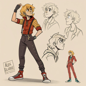 Digital concept art illustrating Alex Delarge, a young character with blonde hair and bold outfit designs. Multiple sketches showing various poses and detailed hands. Rendered in a sketchy cartoon style.