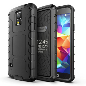 Samsung Galaxy S5 ruggedized case. Solid black color. Featuring robust design with textured surface for enhanced grip and shock absorption. Phone screen displays 12:45 on Friday, February 24th.
