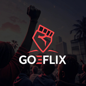A promotional image for a new streaming service named Goeflix. The design features a raised fist in the center against a dark background. The logo uses bold, angular lines and a dark color scheme with a bright red accent for the brand name.