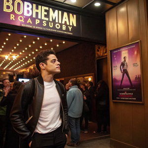 Rami Malek standing at the entrance of a crowded concert venue, promotional poster for 'Bohemian Rhapsody' on the wall.